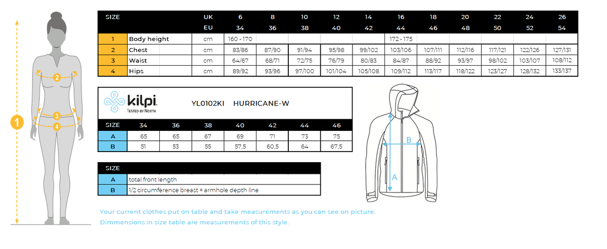 Wasserdichte Outdoor-Jacke für Damen Kilpi HURRICANE-W – Größentabelle