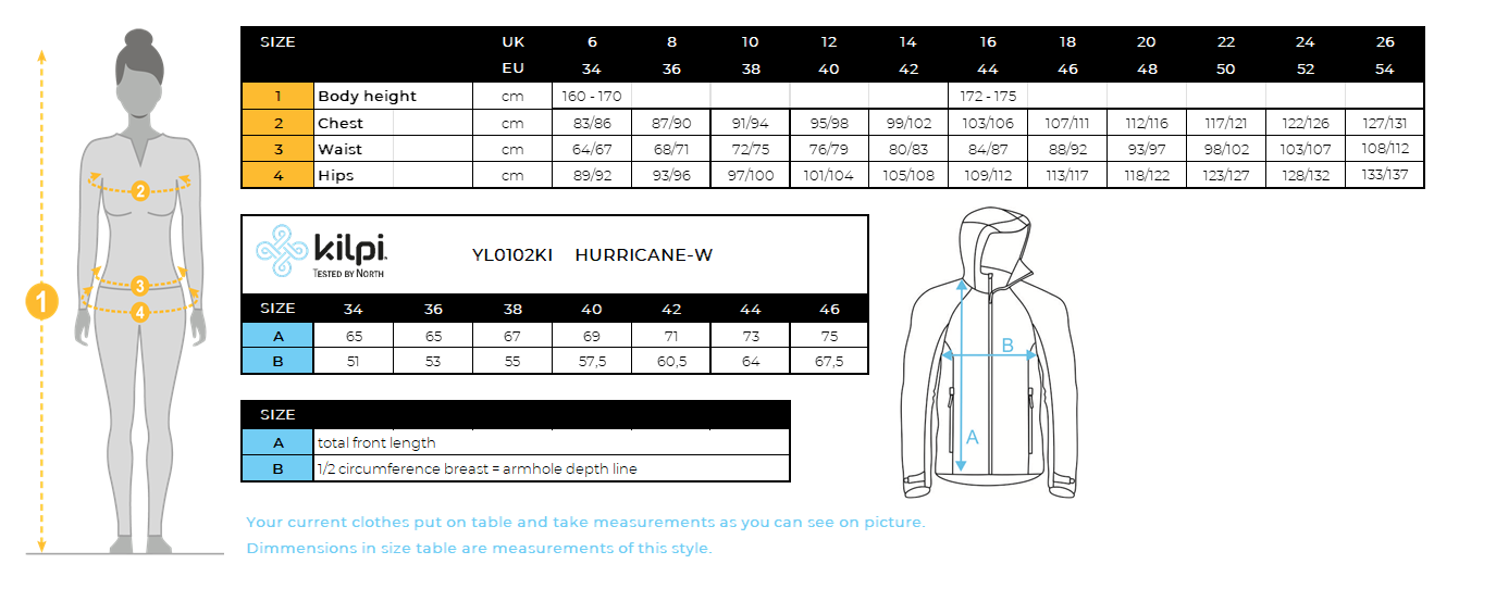 Wasserdichte Outdoor-Jacke für Damen Kilpi HURRICANE-W – Größentabelle