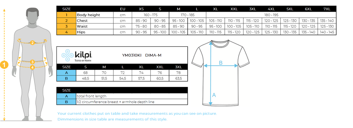 Funktions-T-Shirt für Herren Kilpi DIMA-M – Größentabelle