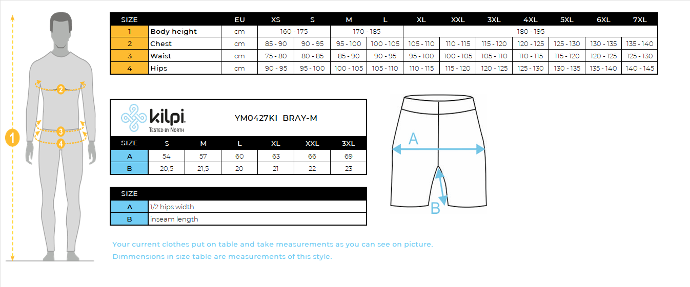 Männerfitness SHORTS Kilpi BRAY-M – Größentabelle