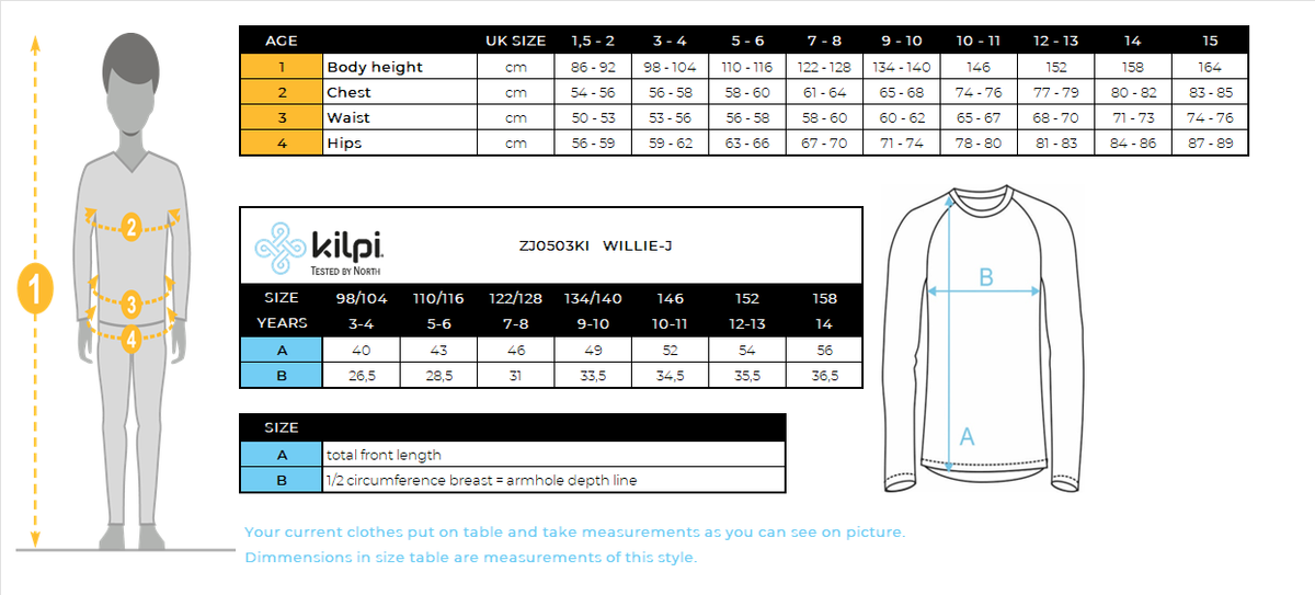Thermo-Langarm-T-Shirt für Kinder Kilpi WILLIE-J – Größentabelle