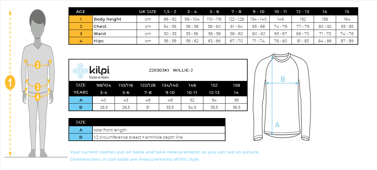 Thermo-Langarm-T-Shirt für Kinder Kilpi WILLIE-J – Größentabelle