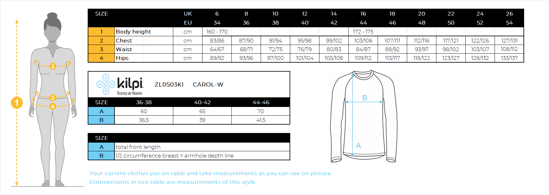 Nahtloses Thermo-Langarm-T-Shirt für Damen Kilpi CAROL-W – Größentabelle