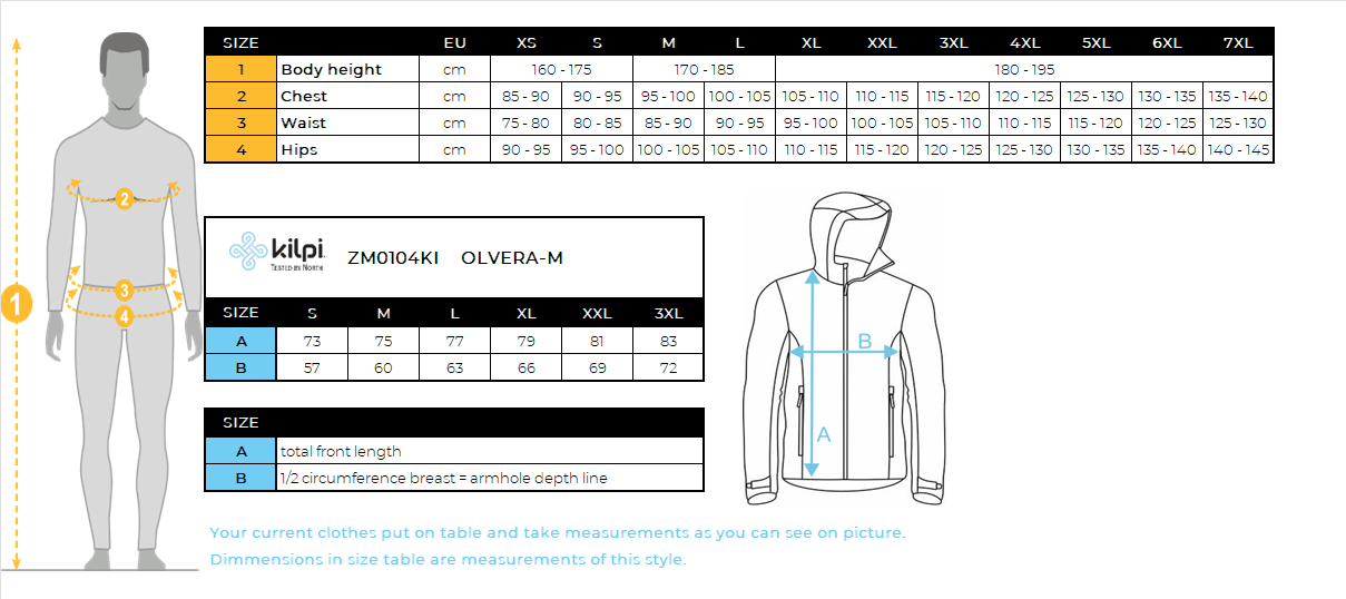 Outdoor-Jacke für Herren Kilpi OLVERA-M – Größentabelle
