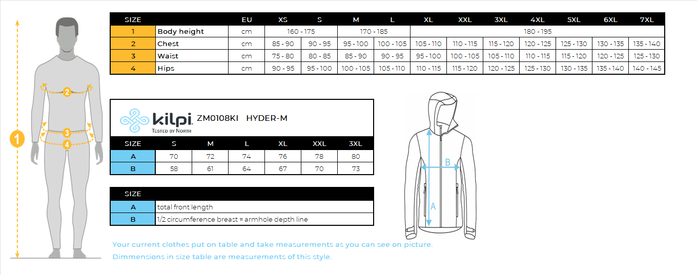 Men's ski jacket Kilpi HYDER-M – Size chart