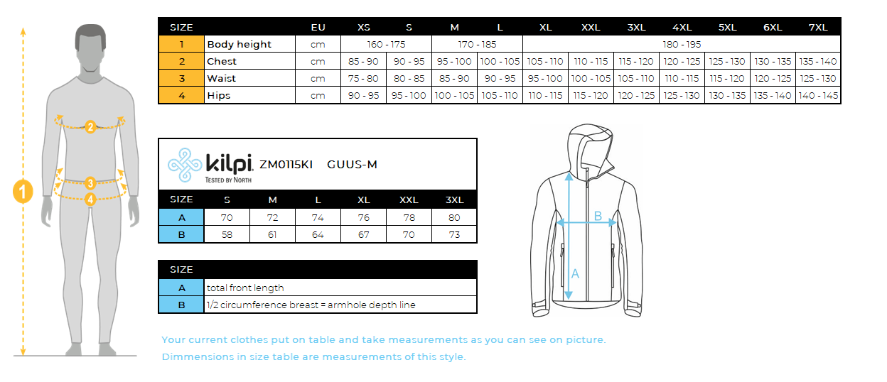 Daunenjacke für Herren Kilpi GUSS-M – Größentabelle