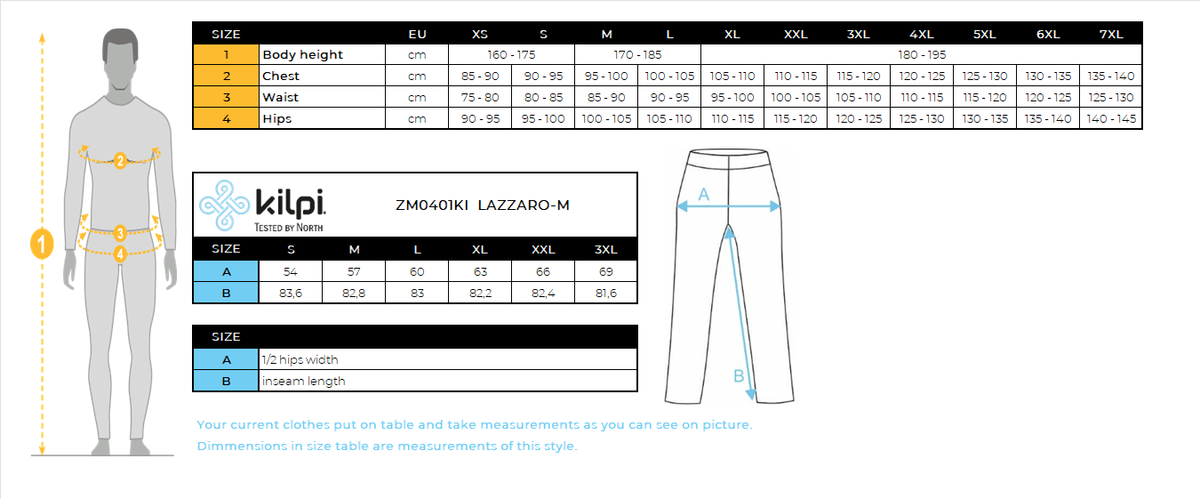 Membranhose für Herren Kilpi LAZZARO-M – Größentabelle