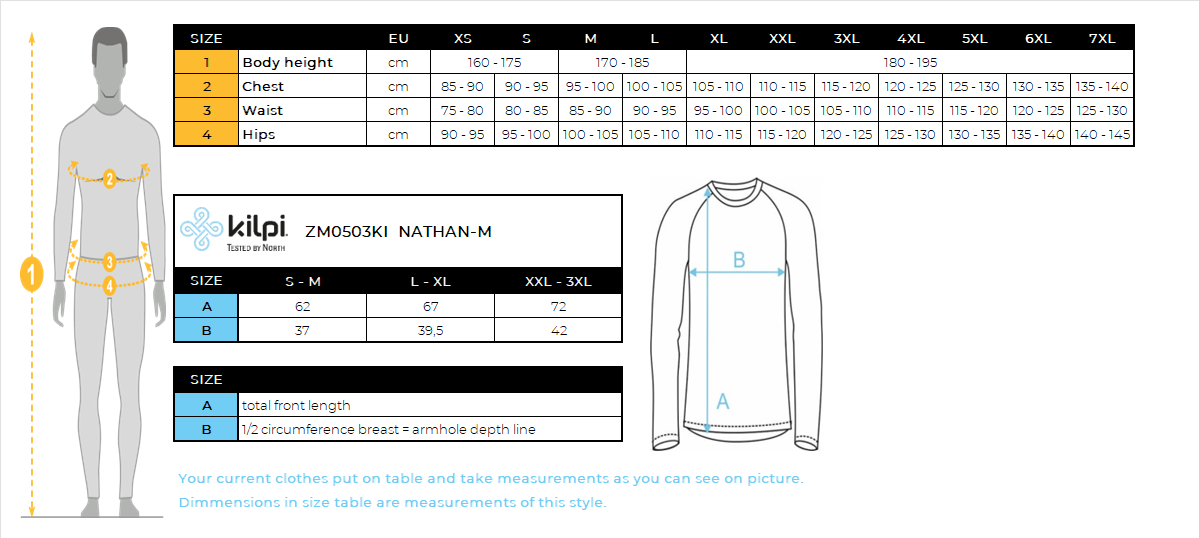 Nahtloses Thermo-Langarm-T-Shirt für Herren Kilpi NATHAN-M – Größentabelle