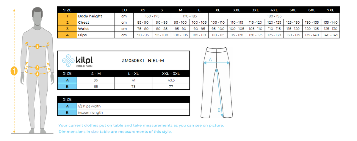 Nahtlose Herren-Thermohose Kilpi NIEL-M – Größentabelle