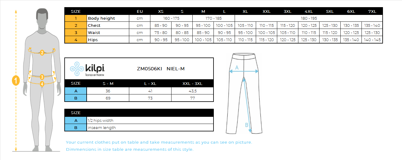 Nahtlose Herren-Thermohose Kilpi NIEL-M – Größentabelle