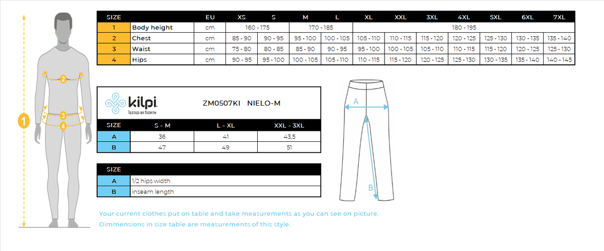 Herren nahtlos base Schicht 3/4 Hose Kilpi NIELO-M – Größentabelle